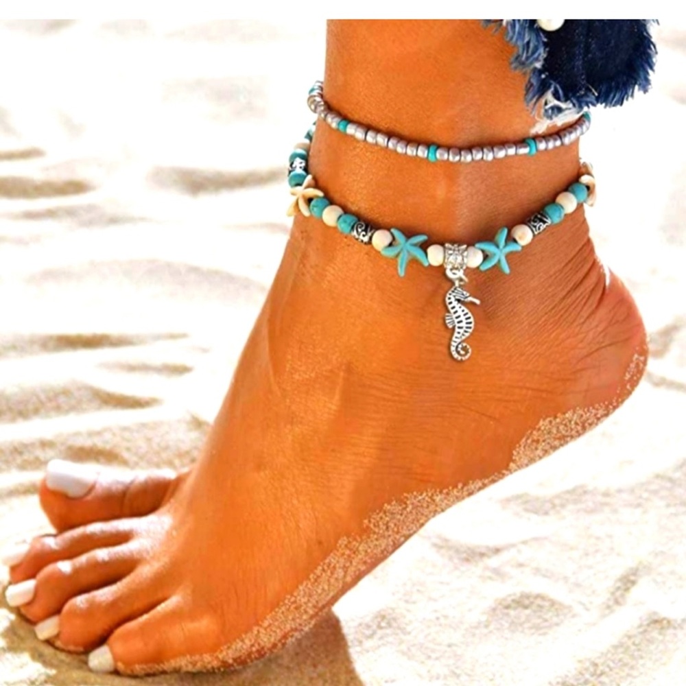 Beaded Starfish & Sea Horse Charm Ankle Bracelet NWT
